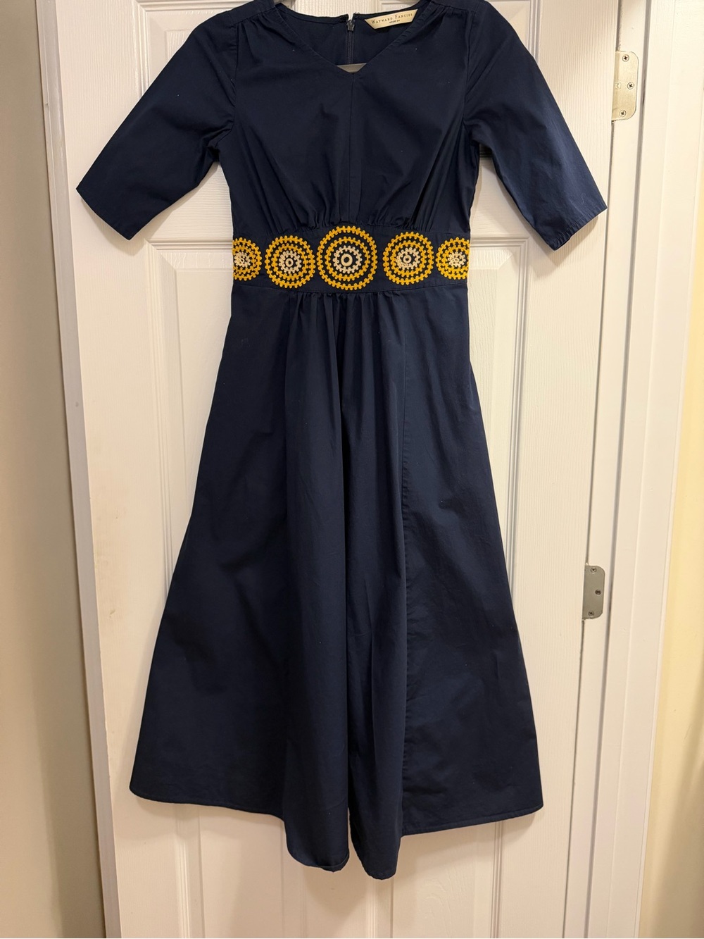 Navy Midi Dress with Yellow Embroidered Waist - Women's Formal